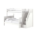 White wooden twin-over-full loft bunk bed with staircase, guardrails and built-in storage drawers, white bedding on a plain white background