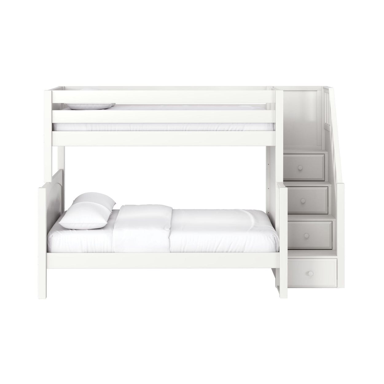 White wooden loft bunk bed with built-in staircase storage drawers and crisp white bedding — space-saving kids' bedroom furniture
