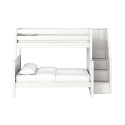 White wooden loft bunk bed with built-in staircase storage drawers and crisp white bedding — space-saving kids' bedroom furniture