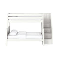 White wooden bunk bed with built-in staircase storage drawers, twin-over-full modern kids' bedroom furniture