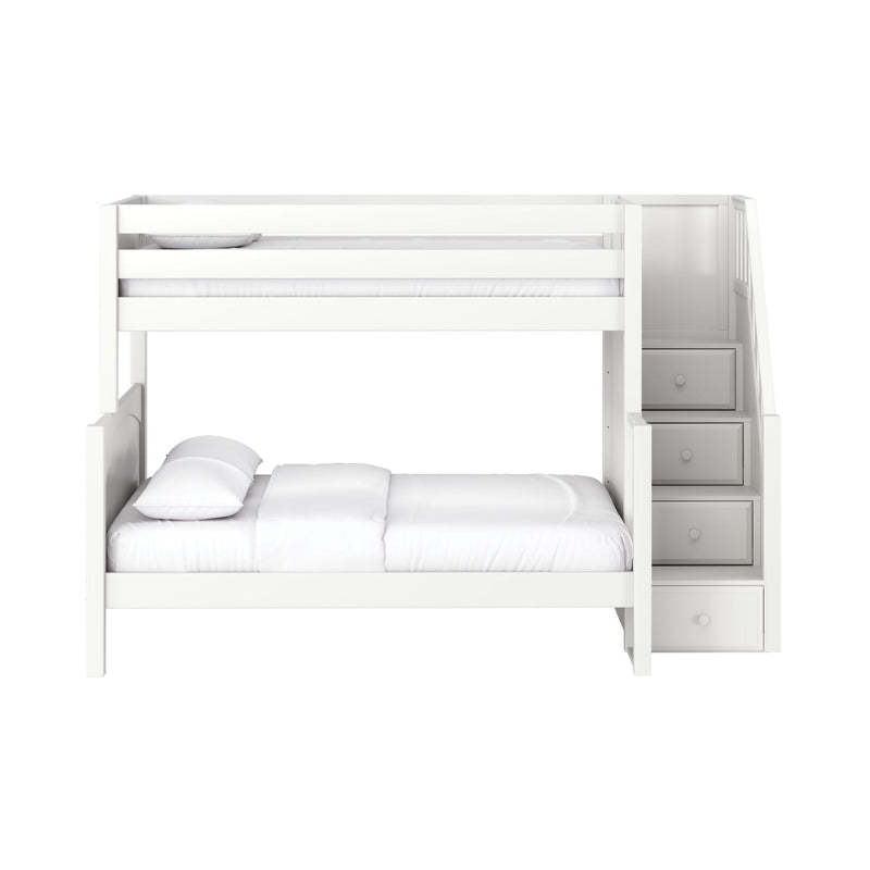 White wooden bunk bed with built-in staircase storage drawers, twin-over-full modern kids' bedroom furniture