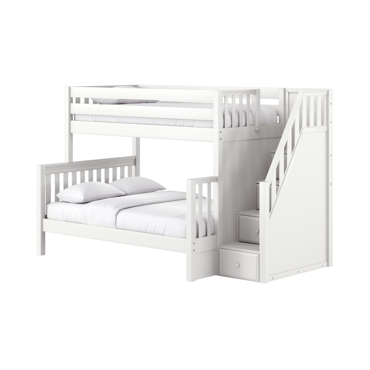 White wooden loft bunk bed (twin over full) with staircase and built-in storage drawers, modern kids bedroom furniture on white background