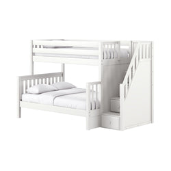 White wooden loft bunk bed (twin over full) with staircase and built-in storage drawers, modern kids bedroom furniture on white background