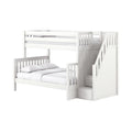 White wooden twin-over-full bunk bed with staircase and built-in storage drawers, safety rails and white bedding — modern kids loft bed for children's bedroom