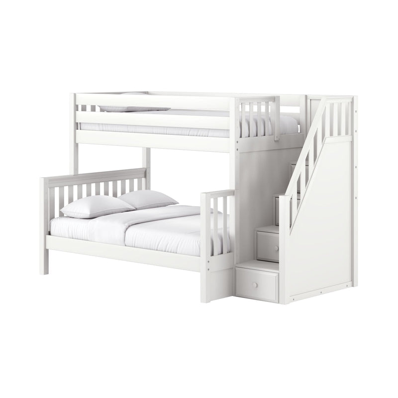 White wooden twin-over-full bunk bed with staircase and built-in storage drawers, safety rails and white bedding — modern kids loft bed for children's bedroom