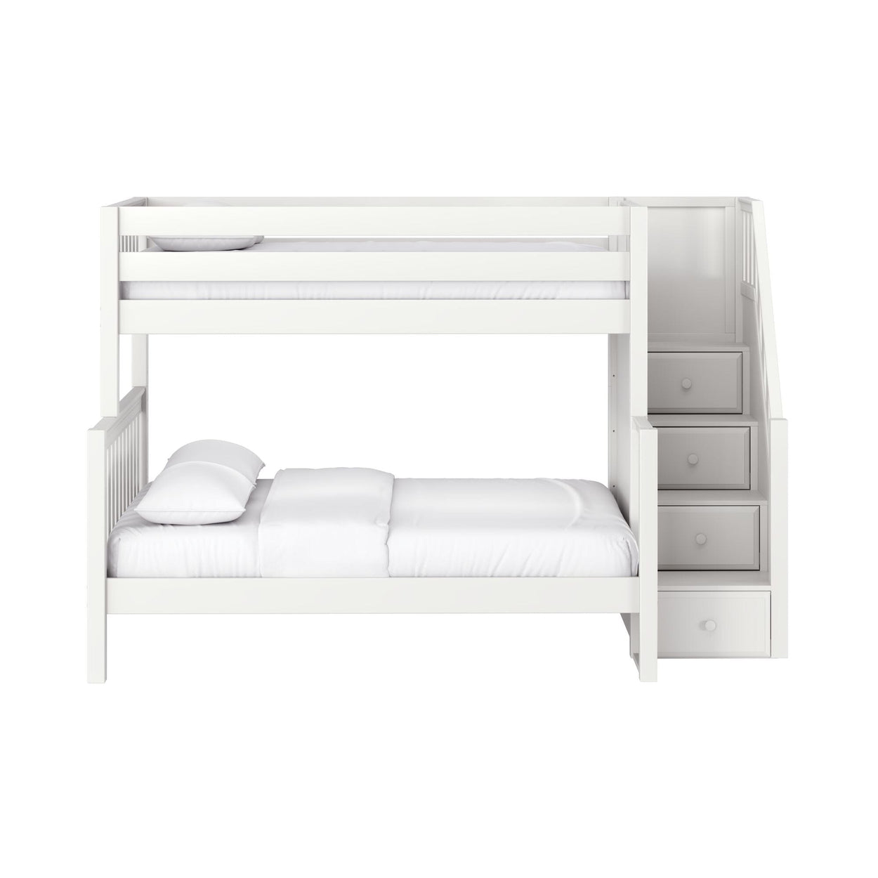 Modern white wooden twin-over-full bunk bed with built-in storage stairs and drawers, white bedding, isolated on white background