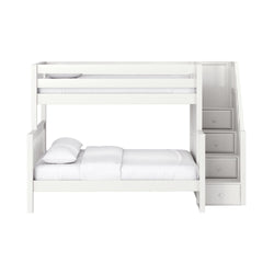 Modern white wooden twin-over-full bunk bed with built-in storage stairs and drawers, white bedding, isolated on white background