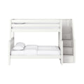 White wooden loft bunk bed with staircase and built-in storage drawers, neutral bedding for kids' bedroom