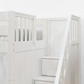 White wooden loft bed with built-in staircase and safety rails, gray-striped mattress in a modern kids' bedroom