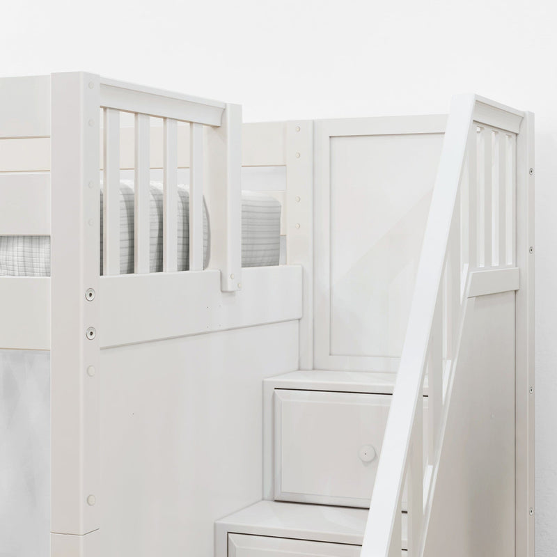 White wooden loft bed with built-in staircase and safety rails, gray-striped mattress in a modern kids' bedroom