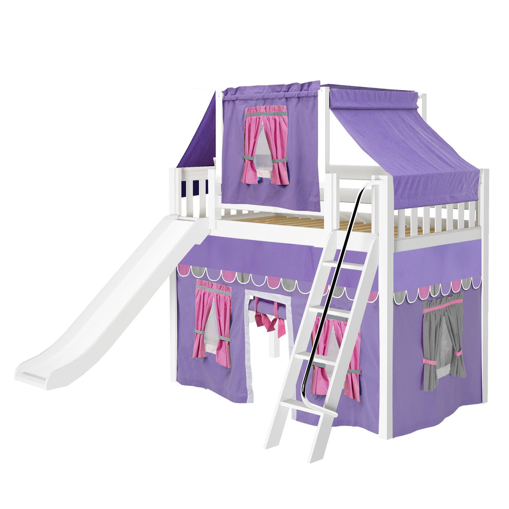 SWEET56 NP : Play Loft Beds Twin Mid Loft Bed with Angled Ladder, Curtain, Top Tent + Slide, Panel, Natural