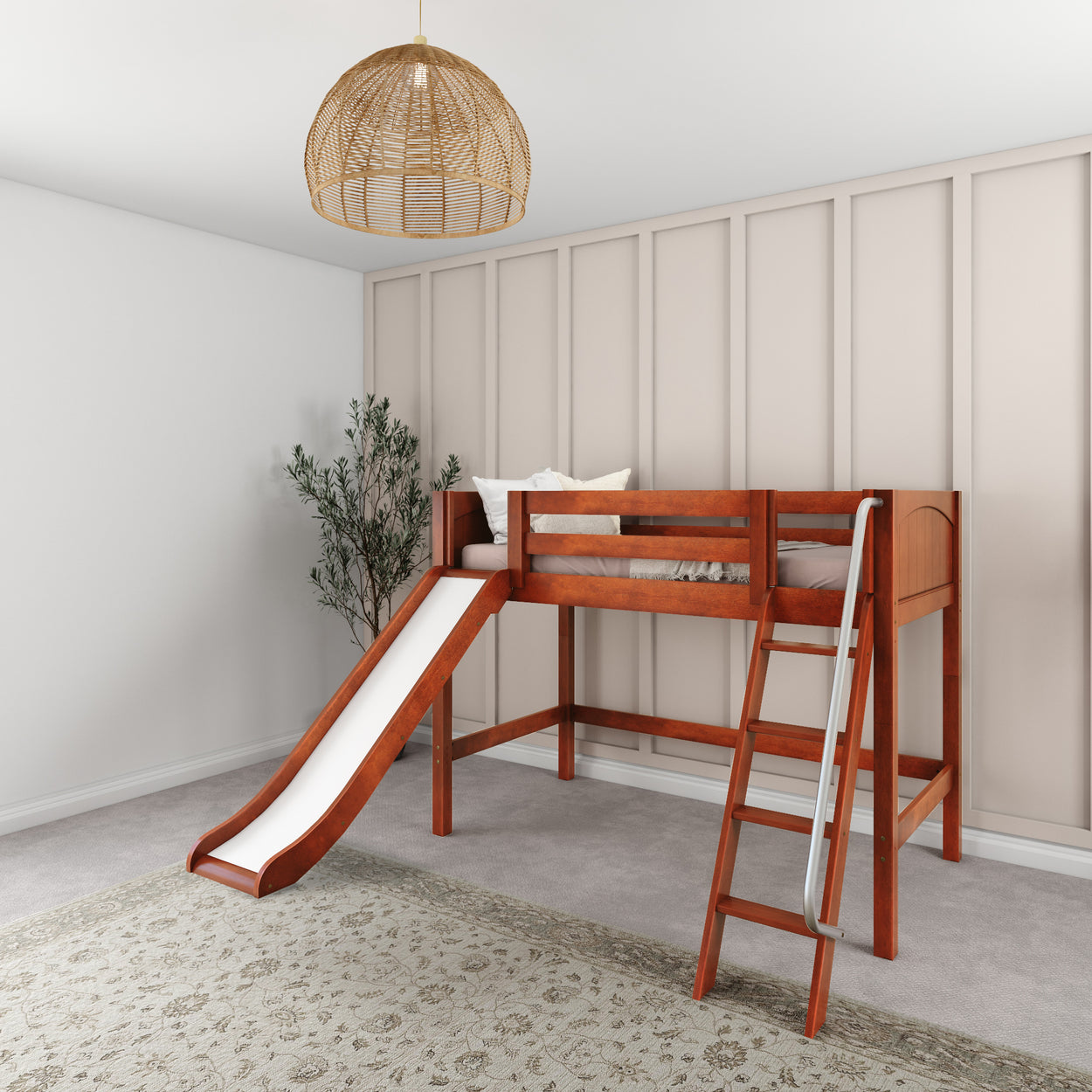 Wooden loft bed with slide and ladder in a modern kids bedroom.
