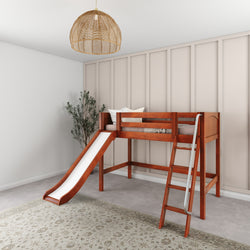 Wooden loft bed with slide and ladder in a modern kids bedroom.