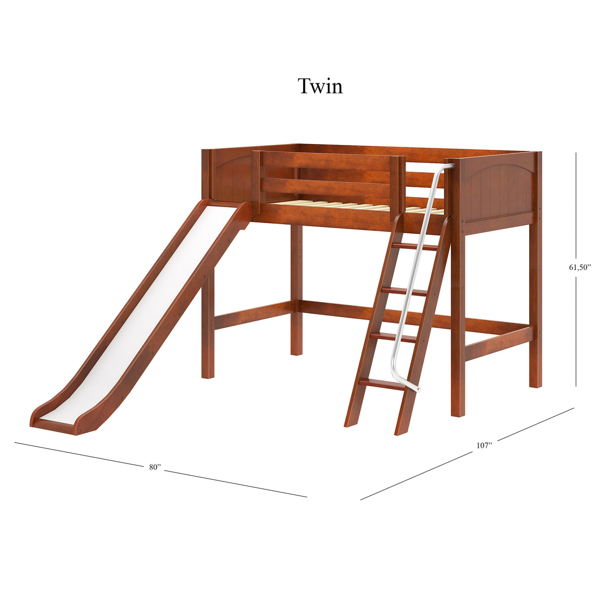 Twin wooden loft bed with slide and ladder, including dimensions for small space kids' bedroom furniture.