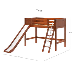Twin wooden loft bed with slide and ladder, including dimensions for small space kids' bedroom furniture.