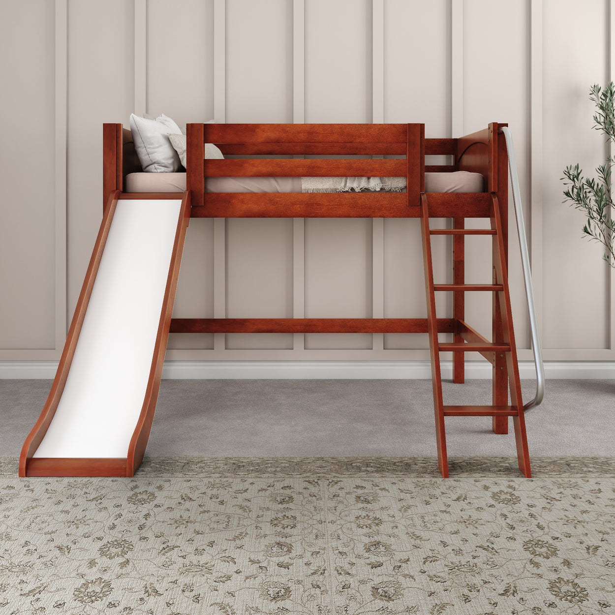 Wooden loft bed for kids with slide and ladder in modern bedroom setting.