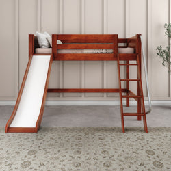 Wooden loft bed for kids with slide and ladder in modern bedroom setting.