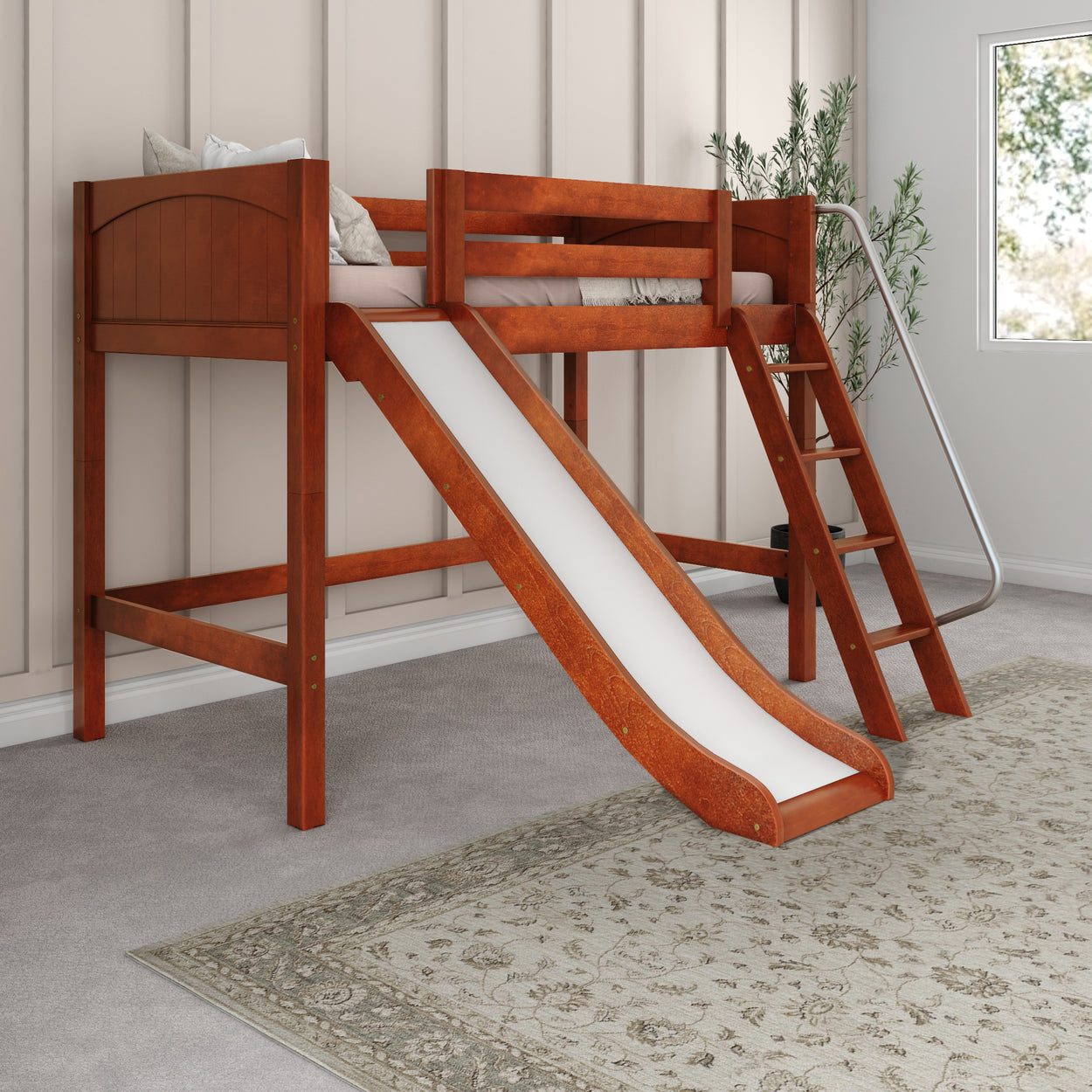 Kid's wooden loft bed with slide and ladder in modern bedroom design.