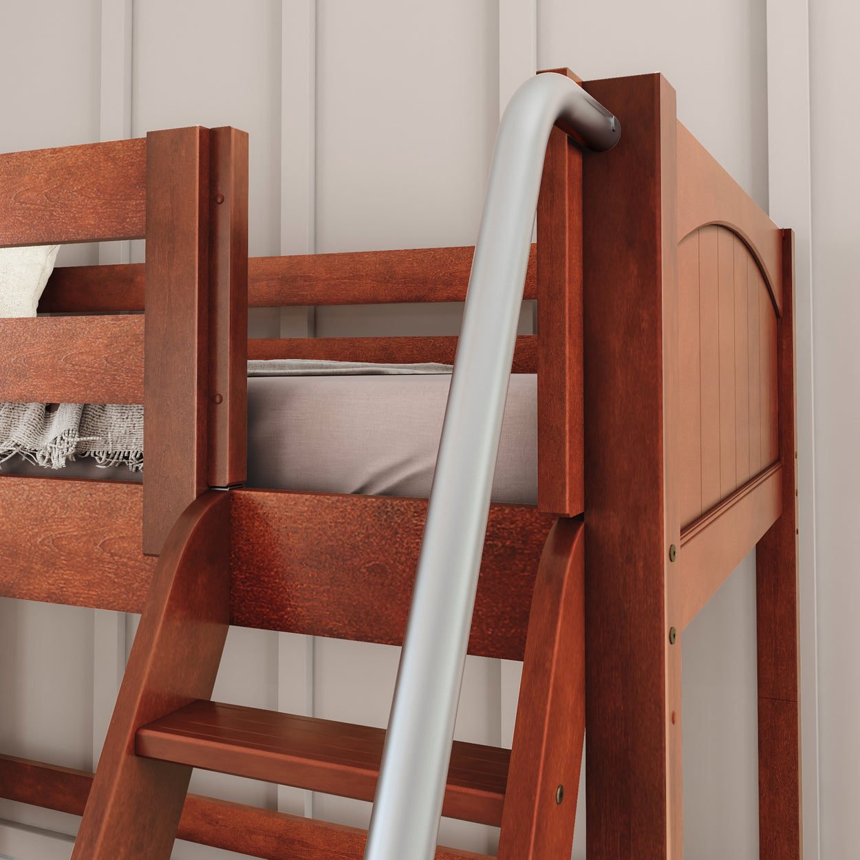 Wooden bunk bed with ladder in a modern bedroom setting.