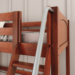 Wooden bunk bed with ladder in a modern bedroom setting.