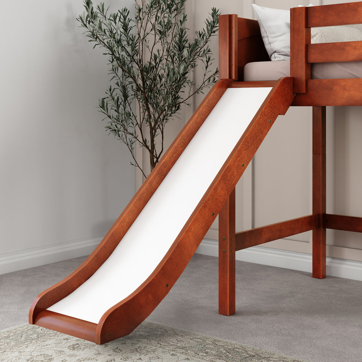 Wooden loft bed with slide in modern kids' bedroom, indoor plant decoration.