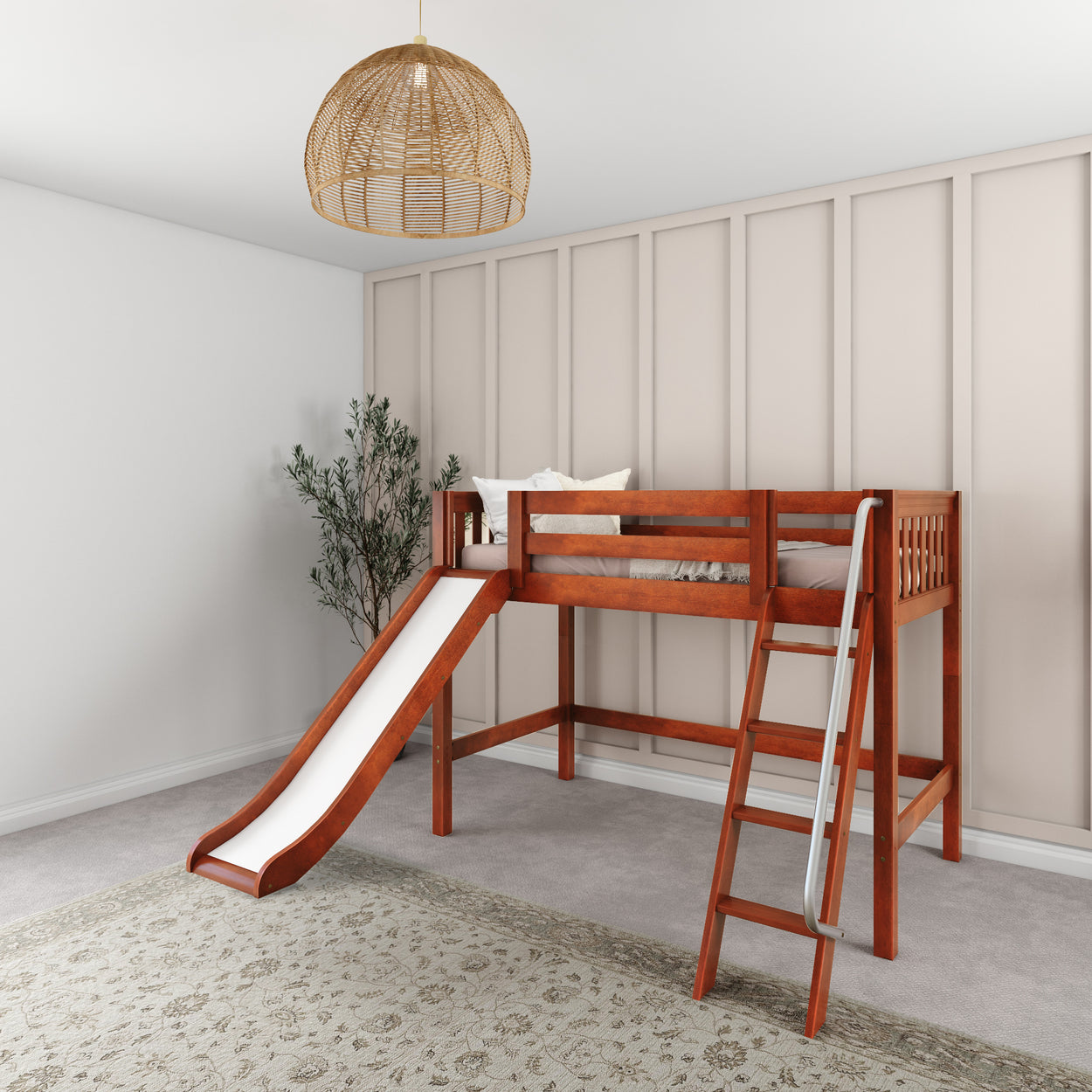 Kid's wooden loft bed with slide and ladder in modern bedroom setting.