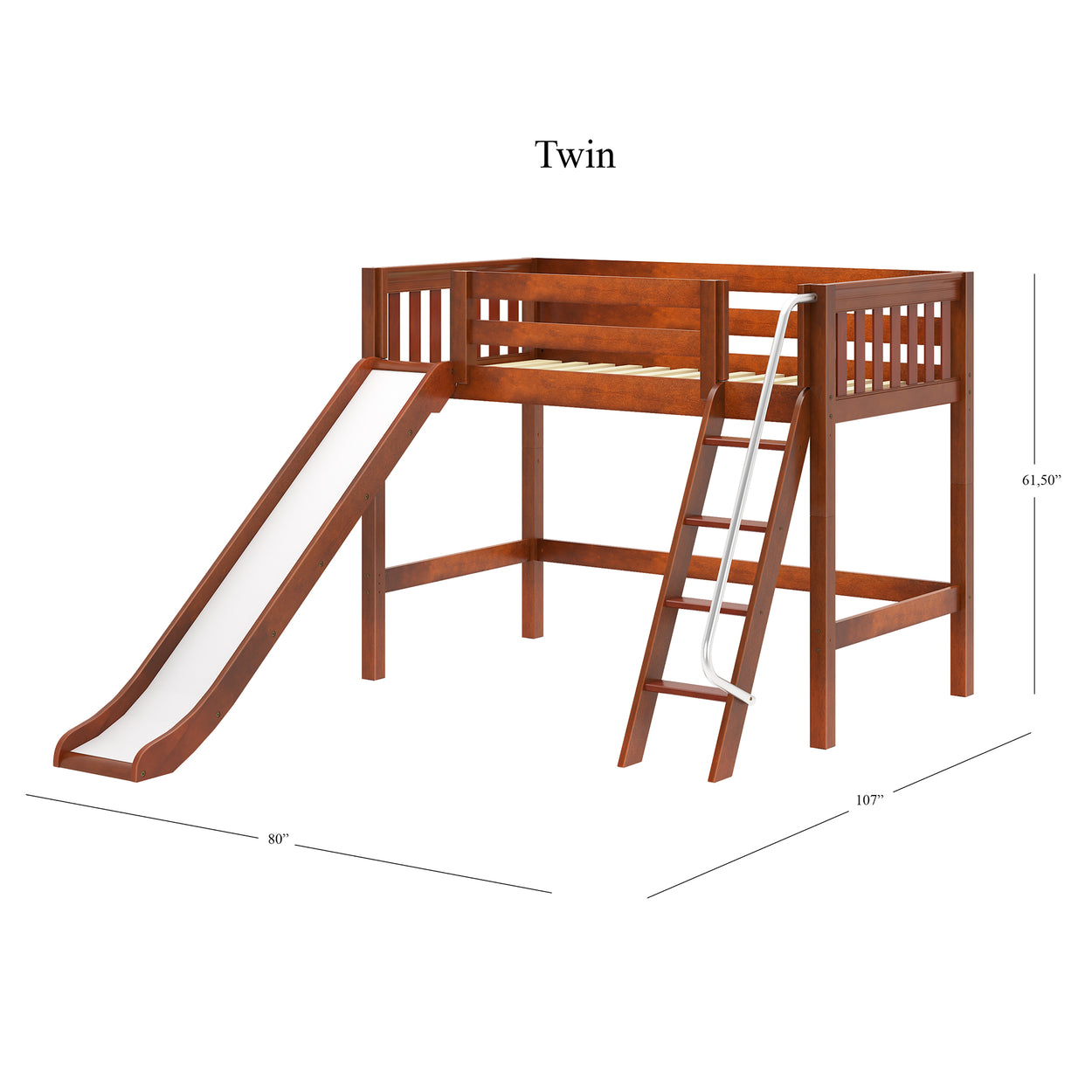 Twin wooden loft bed with slide and ladder, designed for kids' room, dimensions 80" x 107" x 61.5".