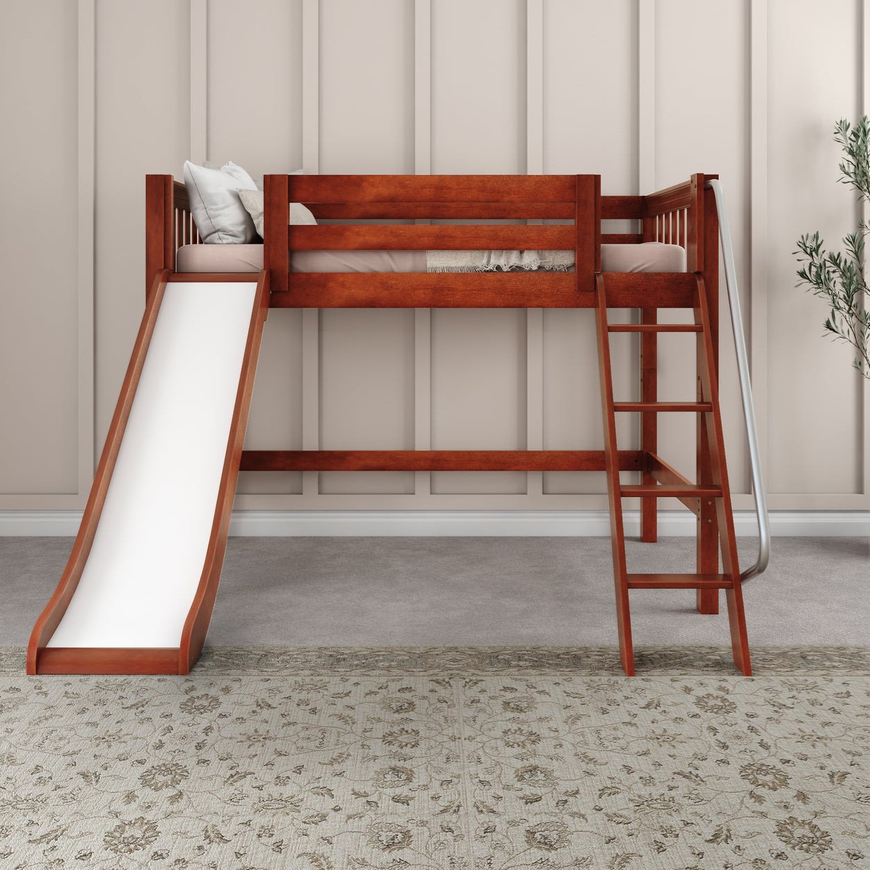 Loft bed with slide and ladder, wooden frame, kids bedroom furniture.