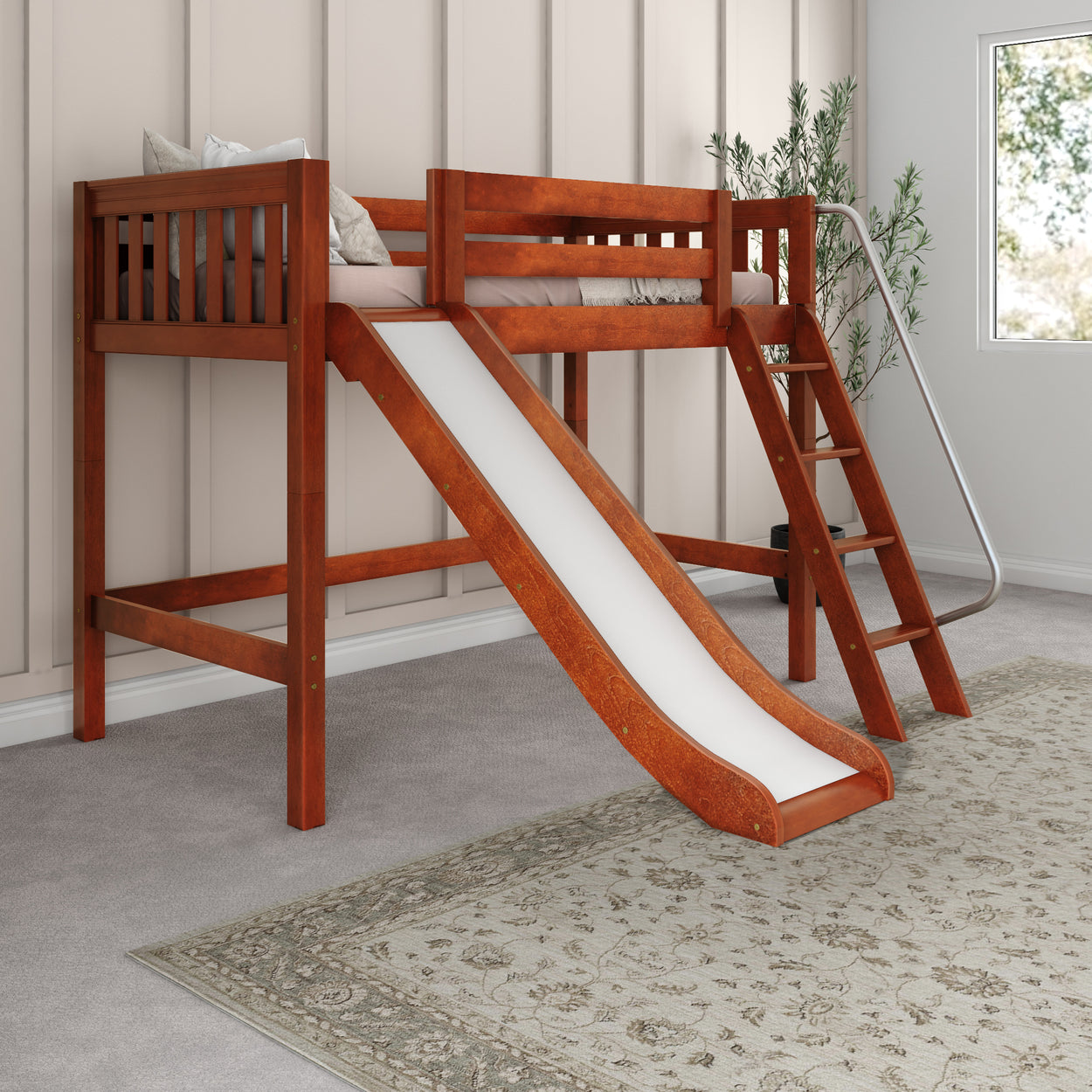 Wooden loft bed with slide and ladder in a children's room.