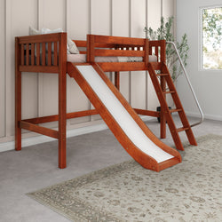 Wooden loft bed with slide and ladder in a children's room.