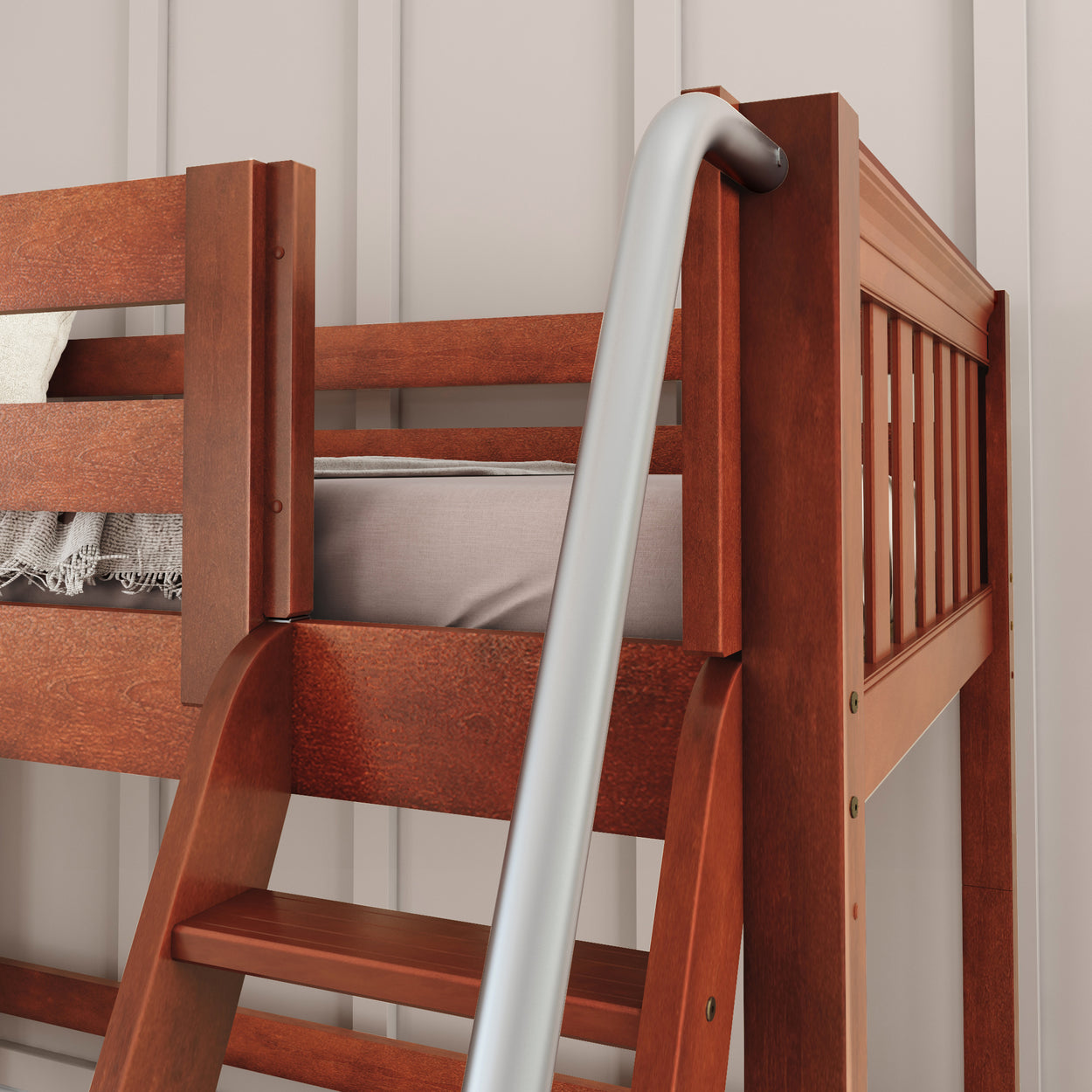Wooden bunk bed with metal ladder in modern bedroom setting.