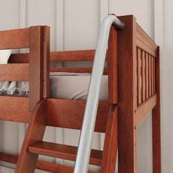 Wooden bunk bed with metal ladder in modern bedroom setting.