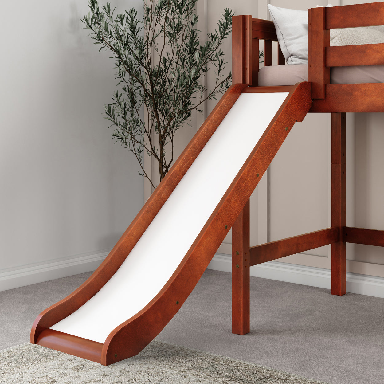 Wooden loft bed with integrated slide in a modern bedroom setting.