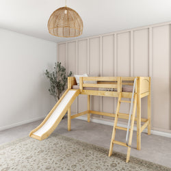 Loft bed with slide and ladder in a modern kids' room featuring a beige carpet and woven pendant light.