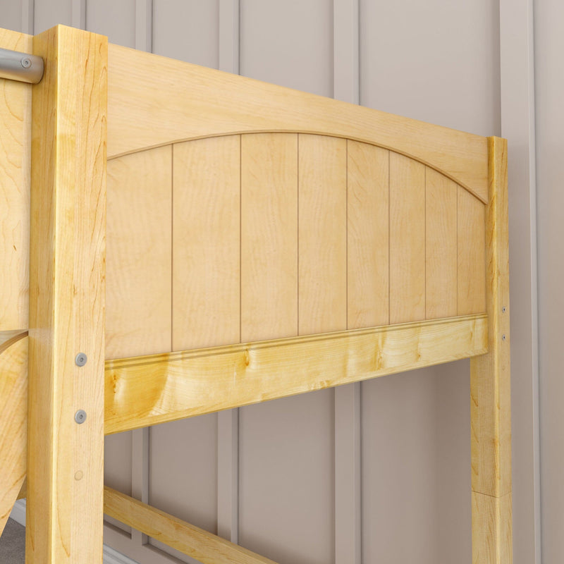 Close-up of light natural wood sliding barn door with arched top panels and metal roller hardware against gray vertical wall
