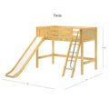 Solid wood twin loft bed with slide and ladder in natural finish - kids' space-saving elevated bed with guardrail