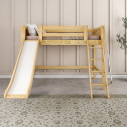 Wooden loft bed with slide and ladder in a modern children's bedroom.