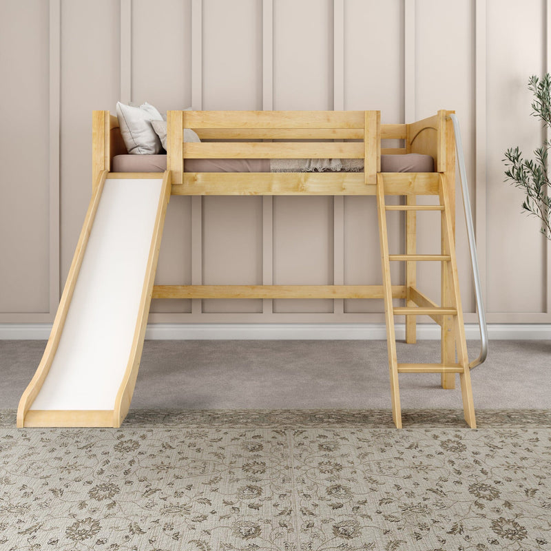 Modern natural wood loft bed with slide and ladder in a neutral kids bedroom, beige paneled wall, cozy pillows and decorative plant