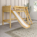 Natural wood kids loft bed with slide and ladder in neutral children's bedroom, soft bedding, indoor plant and decorative rug