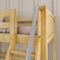 Close-up of light maple wooden bunk bed ladder and metal safety rail with natural wood grain and beige mattress