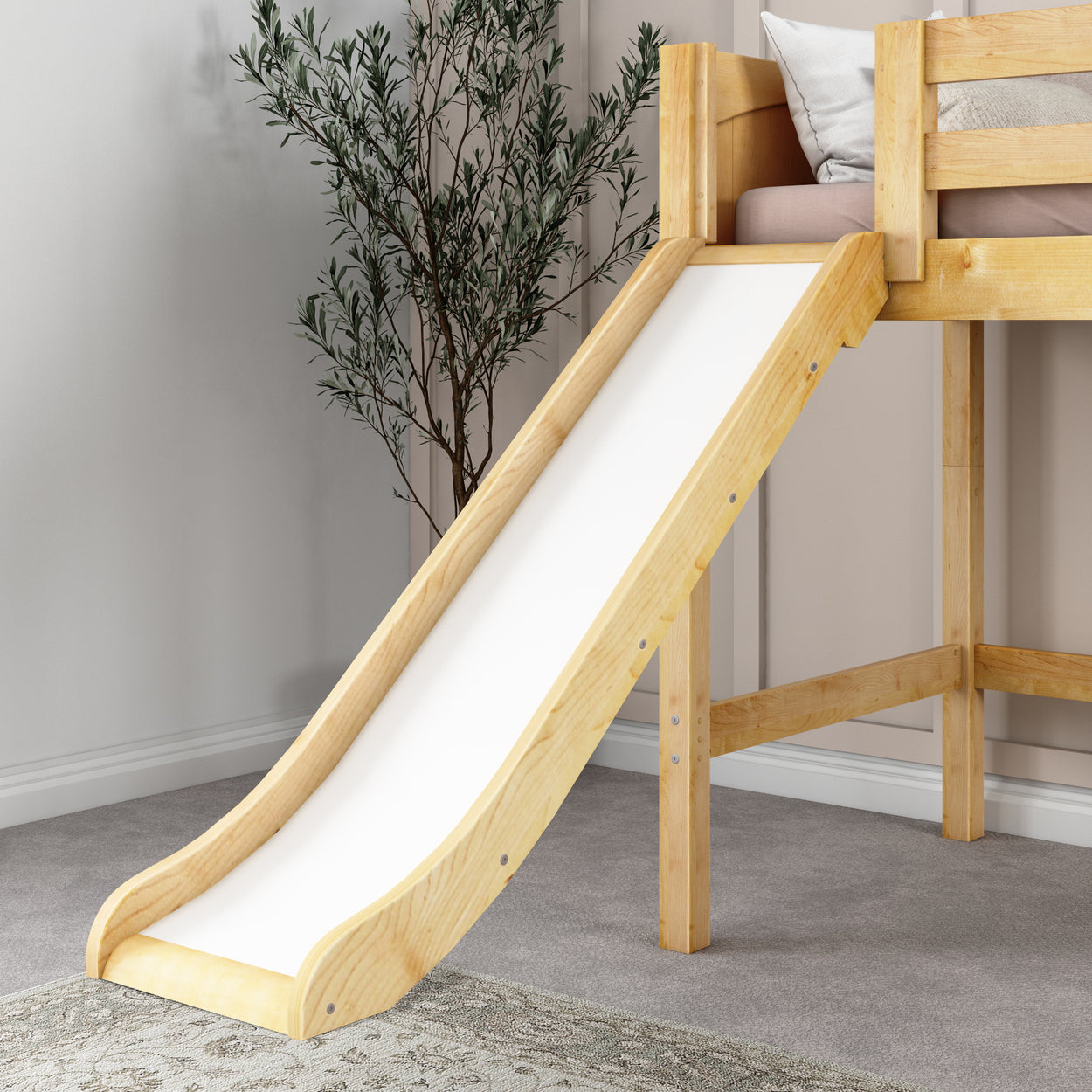 Wooden loft bed with slide for kids in a modern bedroom.