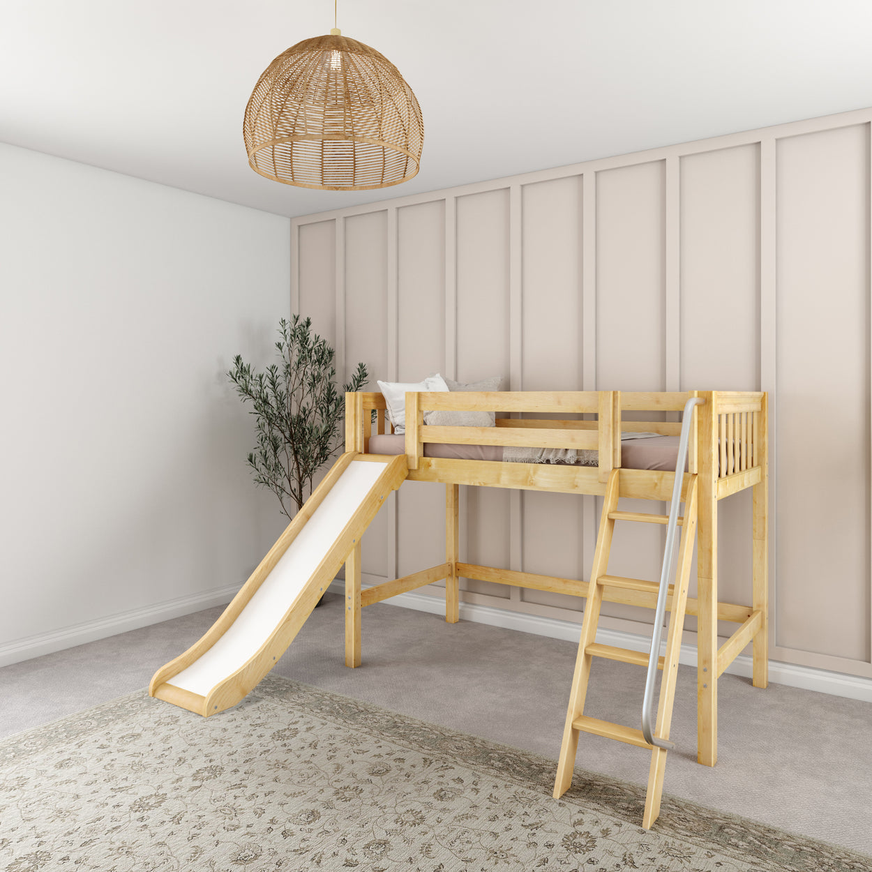 Wooden loft bed with slide and ladder in a modern children's room.