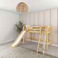 Neutral kids bedroom with natural wooden loft bed and slide, ladder, beige paneled wall, woven rattan pendant light and indoor plant