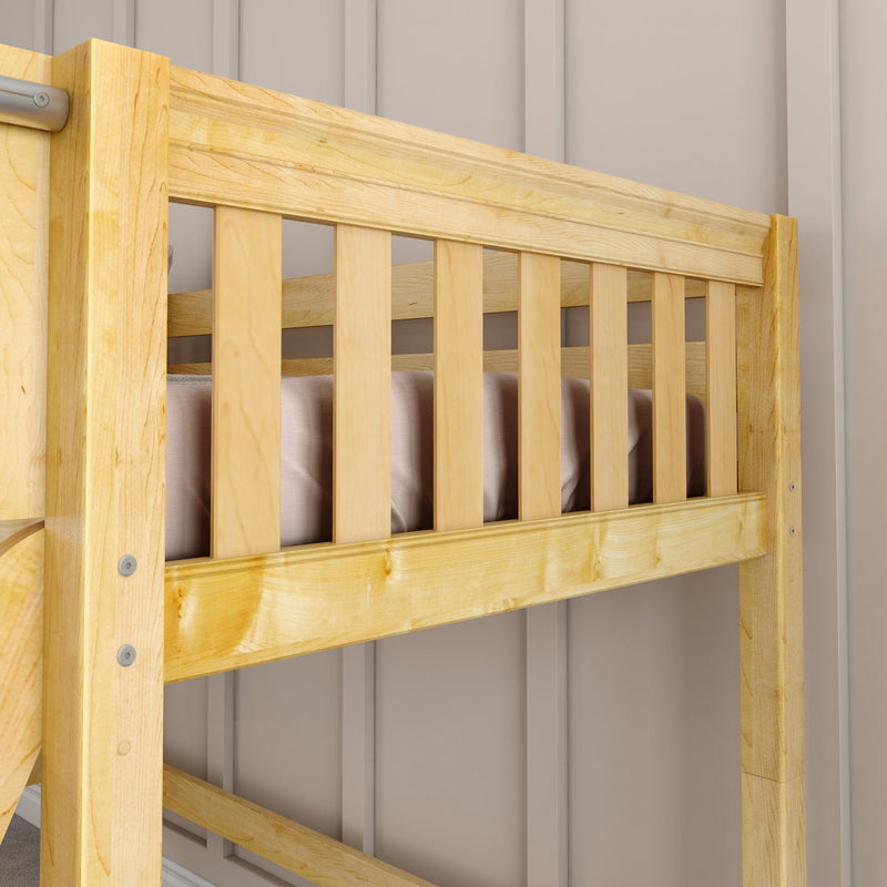 Close-up of solid natural pine bunk bed guardrail and vertical slats with smooth finish against a beige paneled wall
