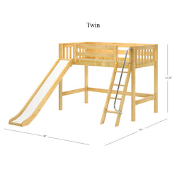 Wooden twin loft bed with slide and ladder for kids, dimensions included.