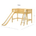 Twin loft bed with slide and ladder, natural wood high-sleeper kids' play loft with guardrails and metal ladder — 61.5″ H × 107″ L × 80″ W