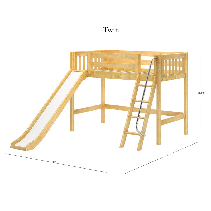Twin loft bed with slide and ladder, natural wood high-sleeper kids' play loft with guardrails and metal ladder — 61.5″ H × 107″ L × 80″ W
