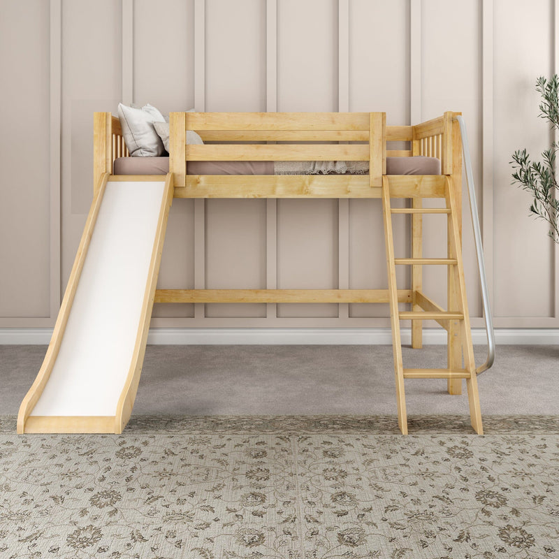 Solid wood kids loft bed with slide and ladder in natural finish against beige paneled wall, neutral children's bedroom with pillows