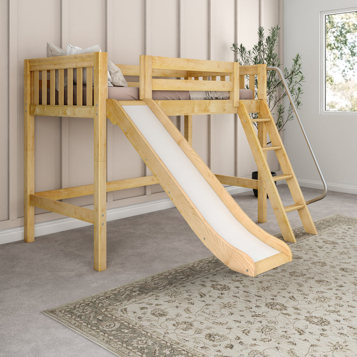 Children's wooden loft bed with slide and ladder in a cozy bedroom setting.