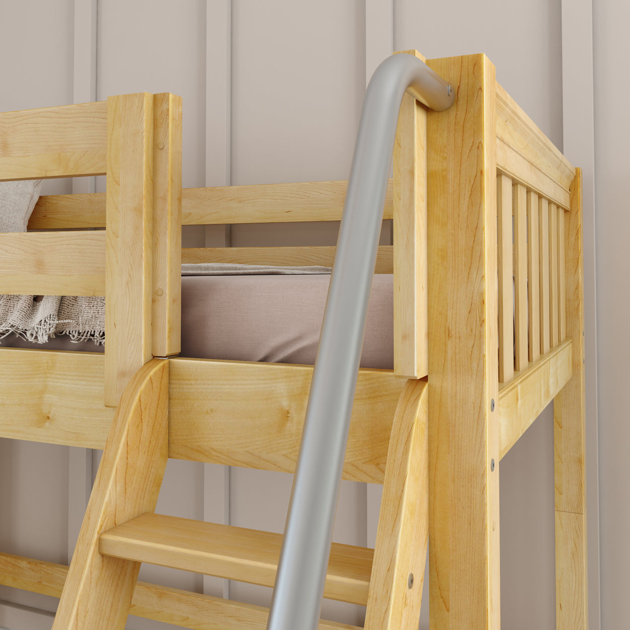 Wooden bunk bed with ladder in modern bedroom setup.